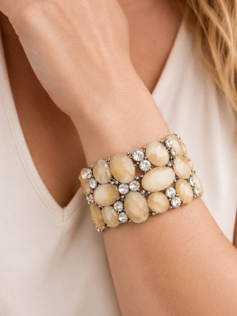 Gold Shimmer Faceted Stone Rhinestone Stretch Cuff Bracelet Statement Glam
